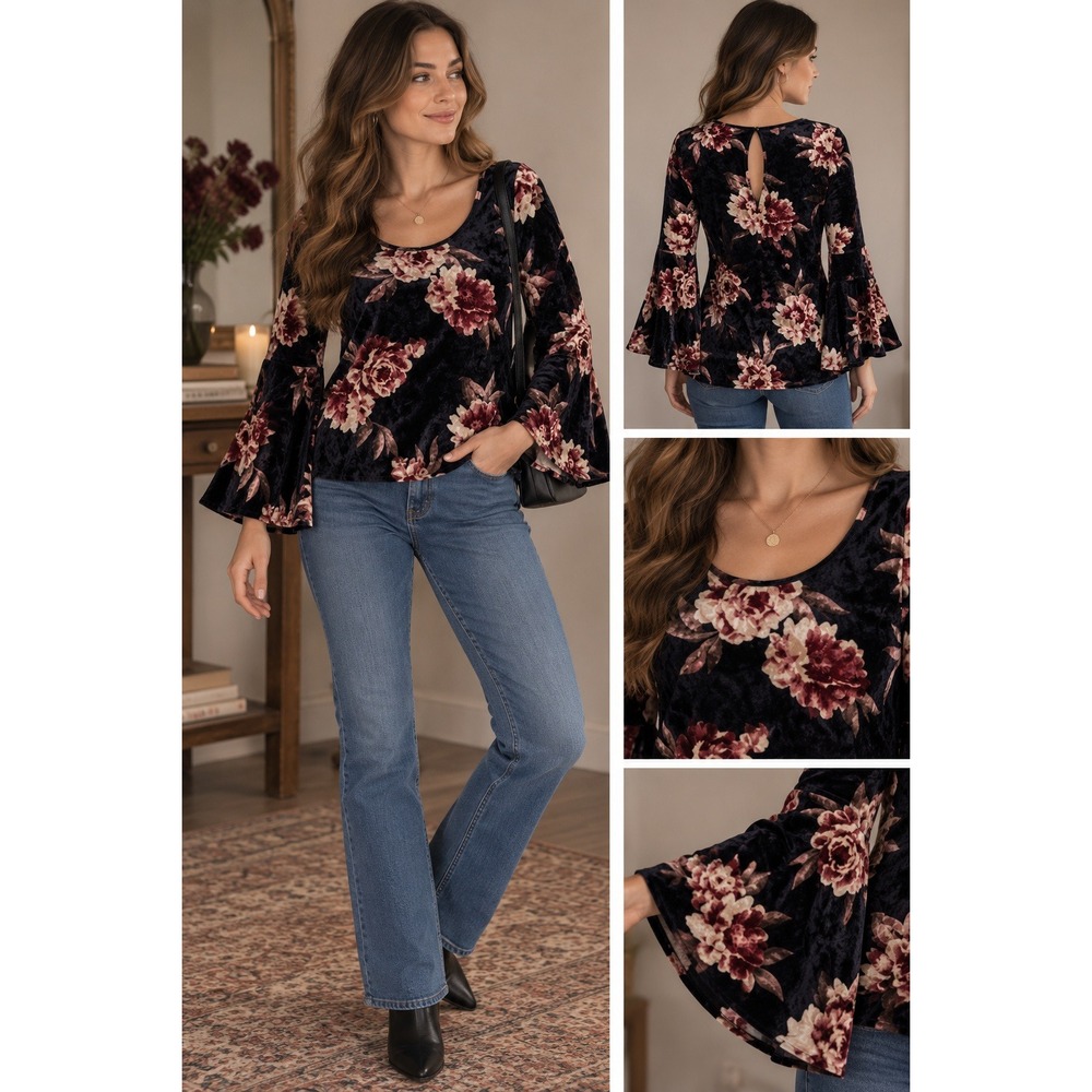 Medium Floral Velvet Bell Sleeve Blouse Top Keyhole Back Grunge Coquette